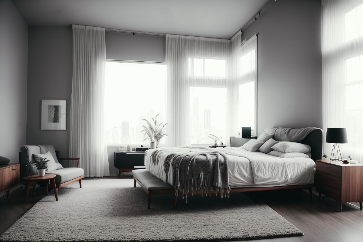 Interior of modern bedroom with gray walls, wooden floor, comfortable king size bed and window